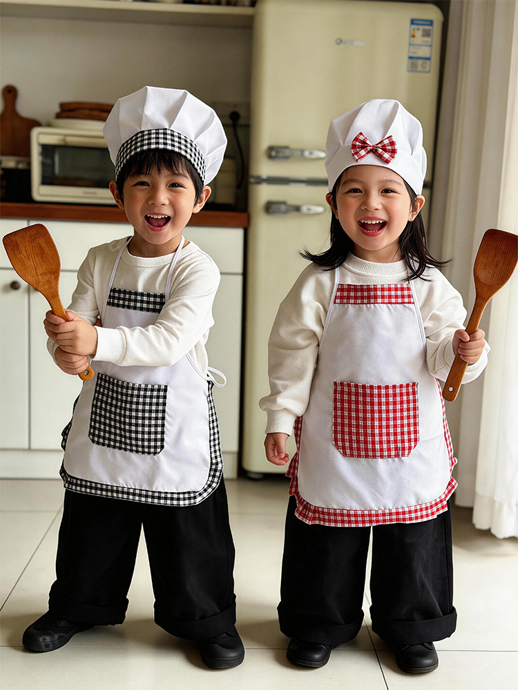 2pcs Plaid Kids Chef Apron and - đánh giá và giá Baking Kitchen Set Up